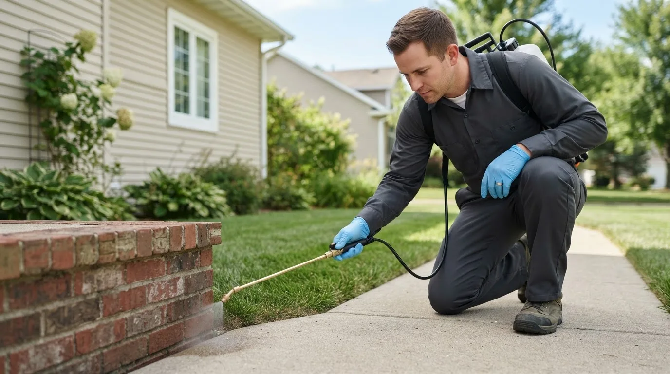 Pest control technician treating a home near Wauregan, CT
